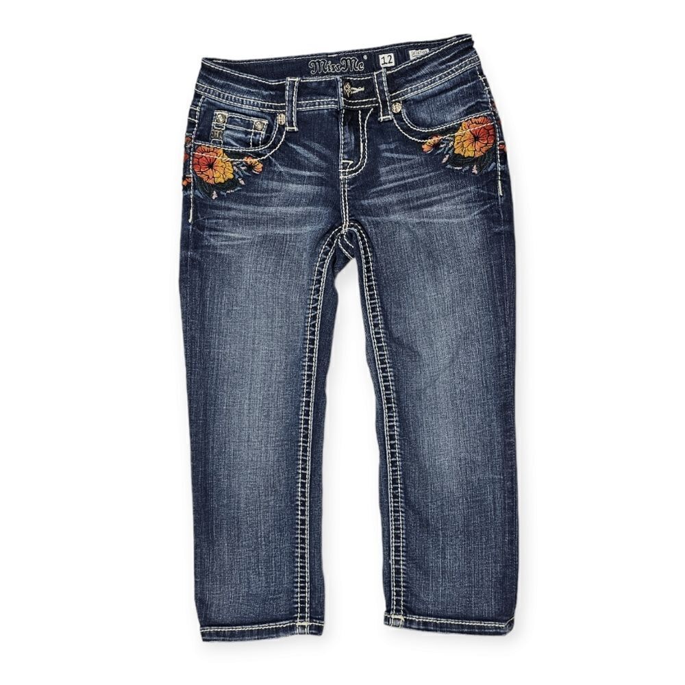 Miss Me Floral Embroidered Dark Wash Denim Cropped Capri Jeans Girl's Size 12
